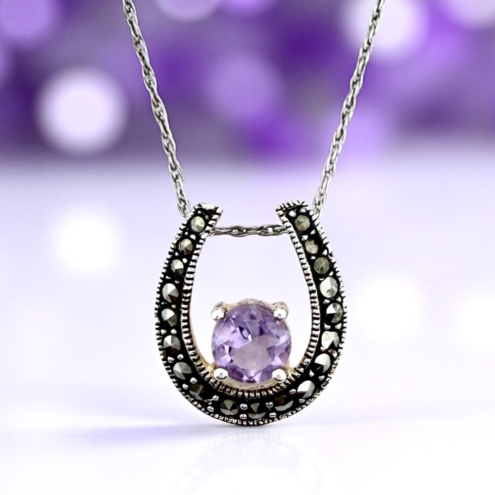 Sterling Silver Amethyst Horseshoe Necklace – Vintage Marcasite Pendant
